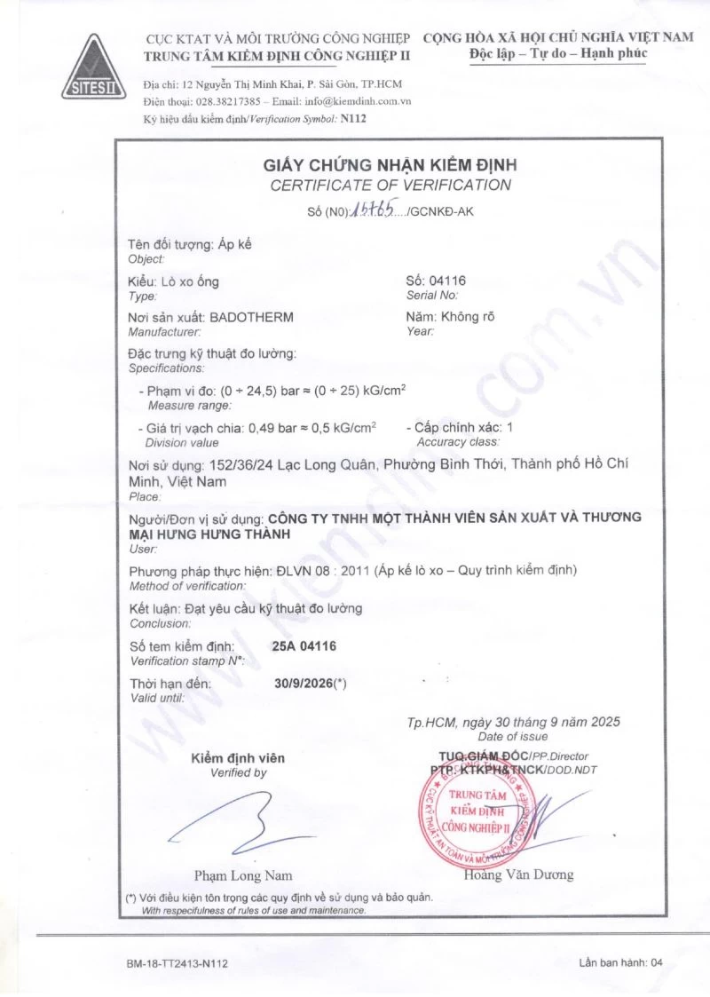 Kết quả kiểm tra Đồng hồ Áp kế