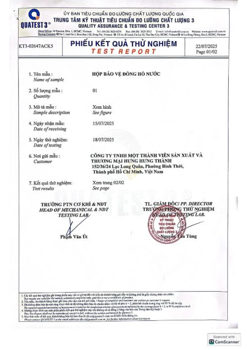 Kết quả thử nghiệm Hộp bảo vệ đồng hồ