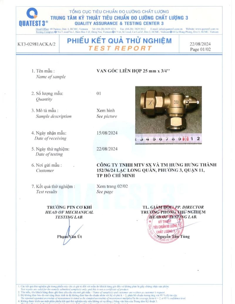 Kết quả thử nghiệm Van góc liên hợp 25mm x 3/4
