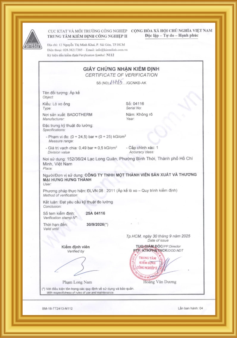 Kết quả kiểm tra Đồng hồ Áp kế