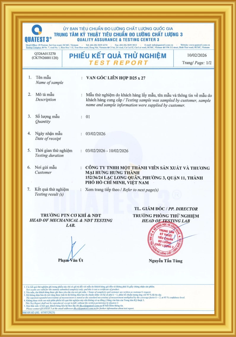Kết quả thử nghiệm Van góc liên hợp 25mm x 3/4